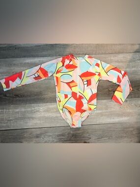 Wonder Nation Zip Front Rash Guard One Piece Swimsuit Girls L 10-12 Bright